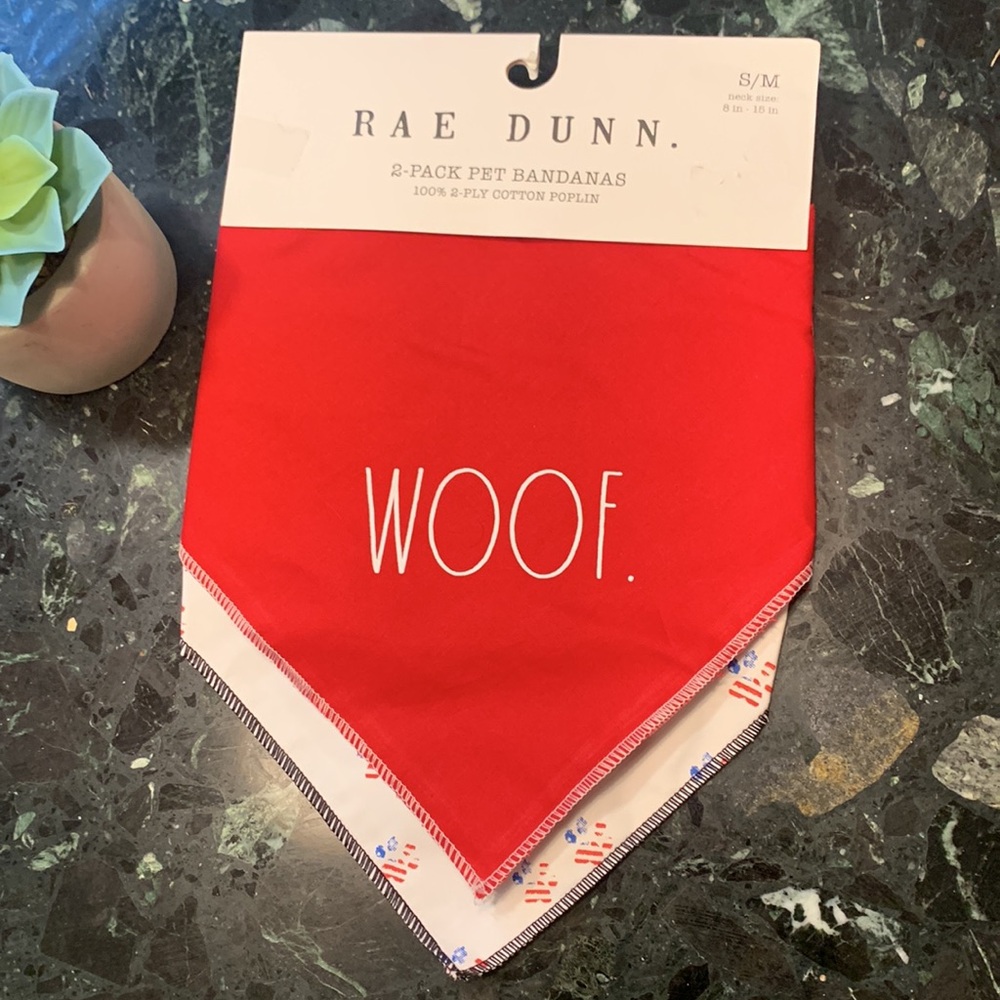 🌹Rae Dunn • 2Pack • Red & White Pet Bandanas • “WOOF” • NWT